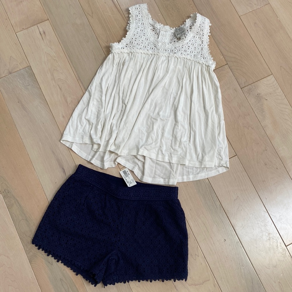 Ella most soft white eyelet top & navy eyelet shorts